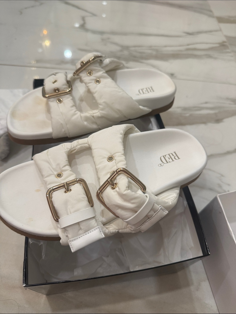 RED White Quilted Double Buckle Slide Sandals with Gold Buckles